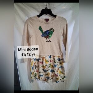 Mini Boden Beige Dress with Sequin Bird Design